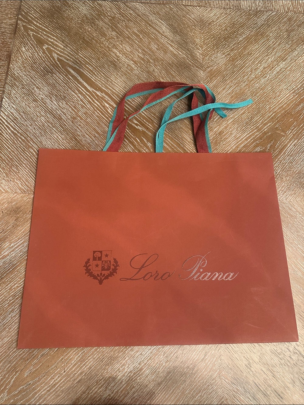 Loro Piana Rust Brown Paper Bag with Teal & Brown Ribbon Handles